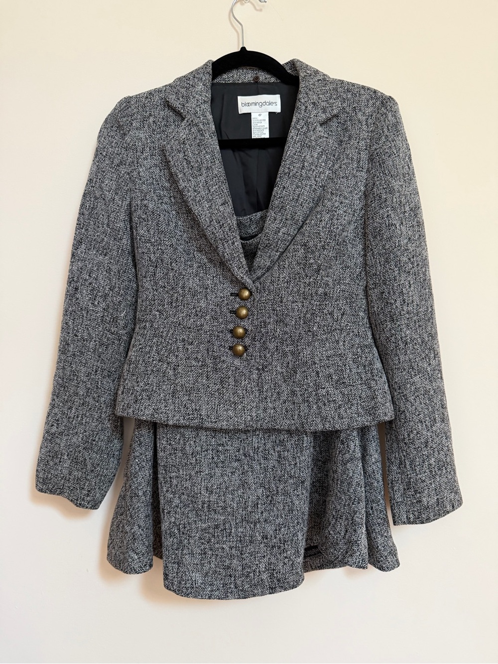 Bloomingdale's Gray Tweed Skirt Suit with Brass Buttons - Two-Piece Set